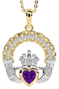 Diamond Amethyst White Yellow Gold Claddagh Celtic Trinity Knot Necklace