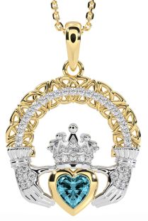 Diamond Aquamarine White Yellow Gold Claddagh Celtic Trinity Knot Necklace