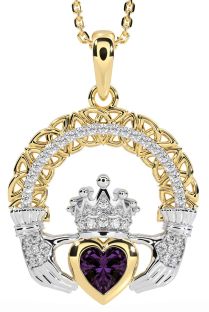 Diamond Alexandrite White Yellow Gold Claddagh Celtic Trinity Knot Necklace