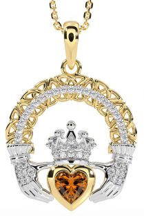 Diamond Citrine White Yellow Gold Claddagh Celtic Trinity Knot Necklace