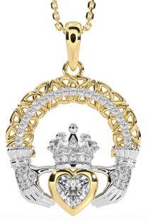 Diamond White Yellow Gold Claddagh Celtic Trinity Knot Necklace