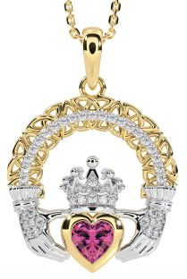 Diamond Pink Tourmaline White Yellow Gold Claddagh Celtic Trinity Knot Necklace