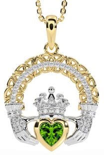 Diamond Peridot White Yellow Gold Claddagh Celtic Trinity Knot Necklace