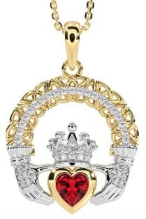 Diamond Ruby White Yellow Gold Claddagh Celtic Trinity Knot Necklace