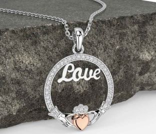 Diamond Rose Gold Silver Claddagh Love Necklace
