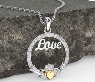 Diamond Gold Silver Claddagh Love Necklace