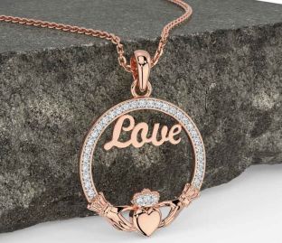 Diamond Rose Gold Silver Claddagh Love Necklace
