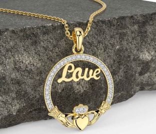 Diamond Gold Silver Claddagh Love Necklace