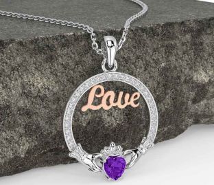 Diamond Amethyst Rose Gold Silver Claddagh Love Necklace
