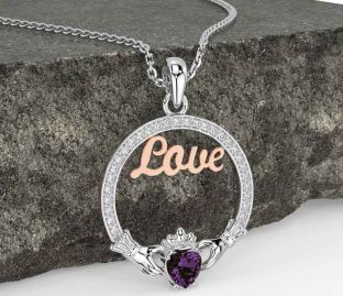 Diamond Alexandrite Rose Gold Silver Claddagh Love Necklace