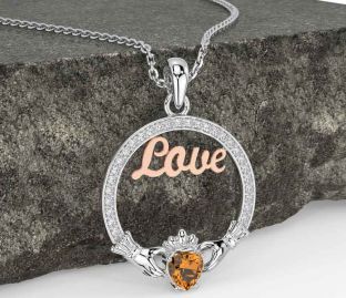 Diamond Citrine Rose Gold Silver Claddagh Love Necklace