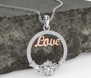 Diamond Rose Gold Silver Claddagh Love Necklace