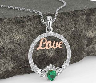 Diamond Emerald Rose Gold Silver Claddagh Love Necklace