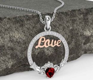 Diamond Garnet Rose Gold Silver Claddagh Love Necklace