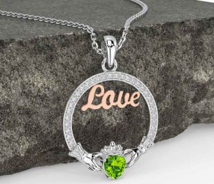 Diamond Peridot Rose Gold Silver Claddagh Love Necklace