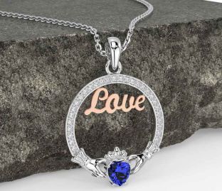 Diamond Sapphire Rose Gold Silver Claddagh Love Necklace