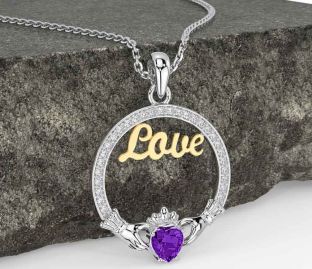 Diamond Amethyst Gold Silver Claddagh Love Necklace