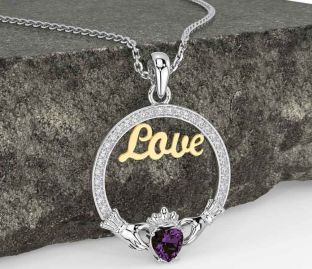Diamond Alexandrite Gold Silver Claddagh Love Necklace
