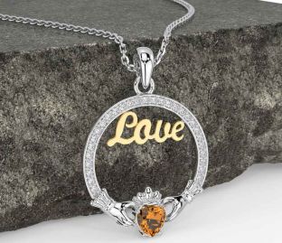 Diamond Citrine Gold Silver Claddagh Love Necklace