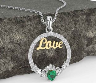 Diamond Emerald Gold Silver Claddagh Love Necklace