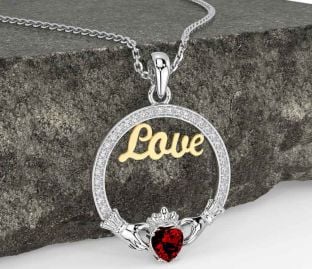 Diamond Garnet Gold Silver Claddagh Love Necklace