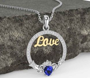 Diamond Sapphire Gold Silver Claddagh Love Necklace