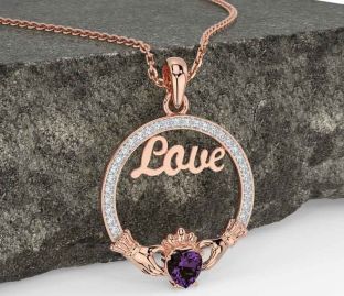 Diamond Alexandrite Rose Gold Silver Claddagh Love Necklace
