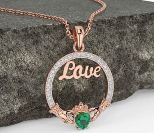 Diamond Emerald Rose Gold Silver Claddagh Love Necklace