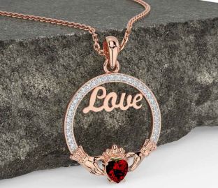 Diamond Garnet Rose Gold Silver Claddagh Love Necklace