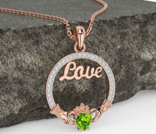 Diamond Peridot Rose Gold Silver Claddagh Love Necklace