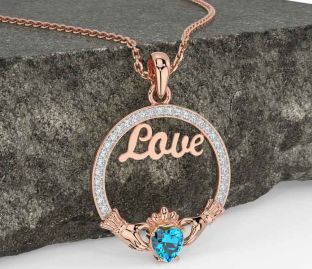 Diamond Topaz Rose Gold Silver Claddagh Love Necklace