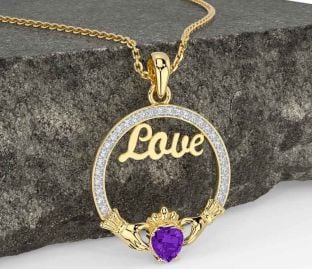 Diamond Amethyst Gold Silver Claddagh Love Necklace