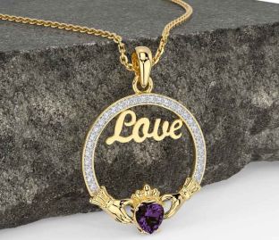 Diamond Alexandrite Gold Silver Claddagh Love Necklace