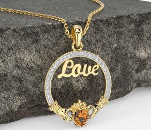 Diamond Citrine Gold Silver Claddagh Love Necklace