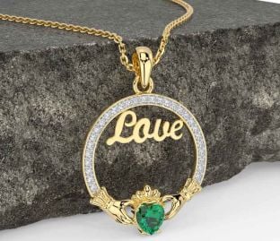 Diamond Emerald Gold Silver Claddagh Love Necklace
