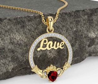 Diamond Garnet Gold Silver Claddagh Love Necklace