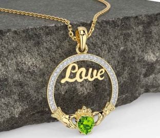 Diamond Peridot Gold Silver Claddagh Love Necklace
