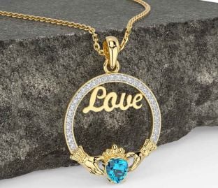 Diamond Topaz Gold Silver Claddagh Love Necklace