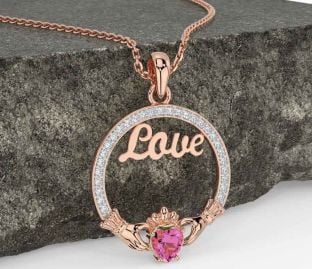 Diamond Pink Tourmaline Rose Gold Claddagh Love Necklace