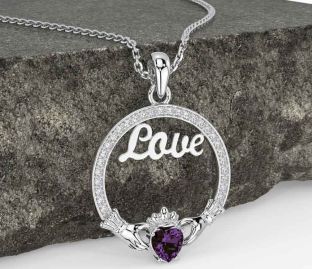 Diamond Alexandrite Silver Claddagh Love Necklace