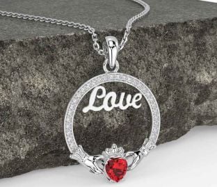 Diamond Ruby Silver Claddagh Love Necklace