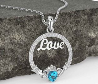 Diamond Topaz Silver Claddagh Love Necklace