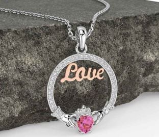 Diamond Pink Tourmaline White Rose Gold Claddagh Love Necklace