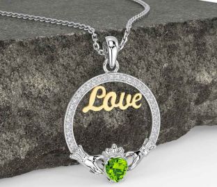 Diamond Peridot White Yellow Gold Claddagh Love Necklace