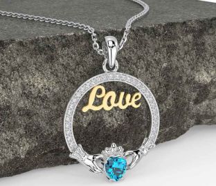 Diamond Topaz White Yellow Gold Claddagh Love Necklace