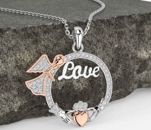 Diamond Rose Gold Silver Claddagh Angel Love Necklace