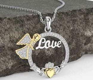 Diamond Gold Silver Claddagh Angel Love Necklace