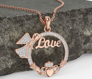 Diamond Rose Gold Silver Claddagh Angel Love Necklace