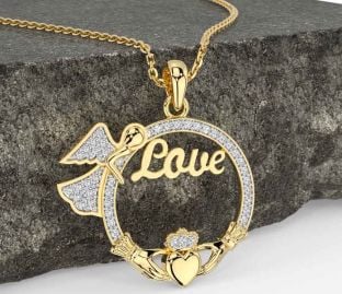 Diamond Gold Silver Claddagh Angel Love Necklace