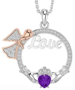 Diamond Amethyst Rose Gold Silver Claddagh Angel Love Necklace